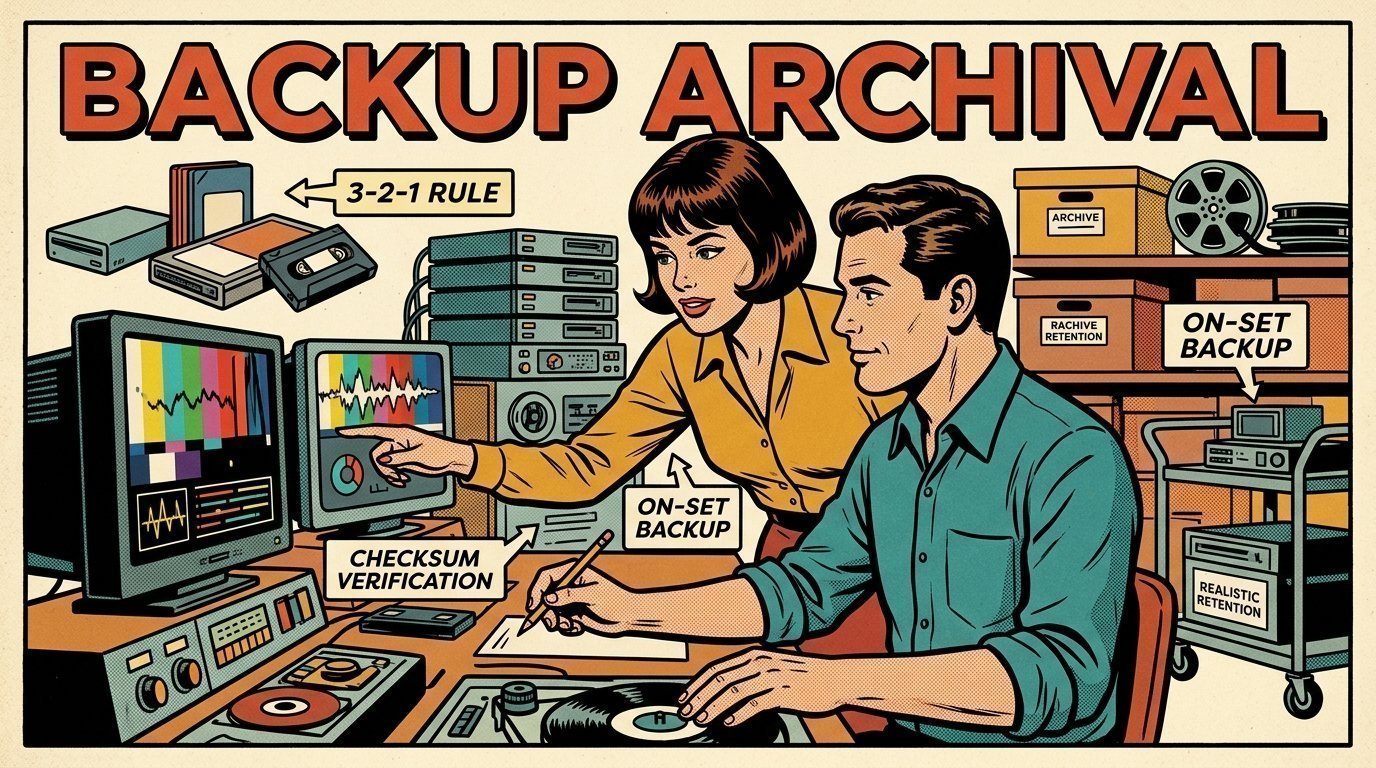 A 1960s mid-century comic book style editorial illustration showing a video editor and a director reviewing the cut together, with stacked storage drives, labelled archive boxes and reels visible in the frame.