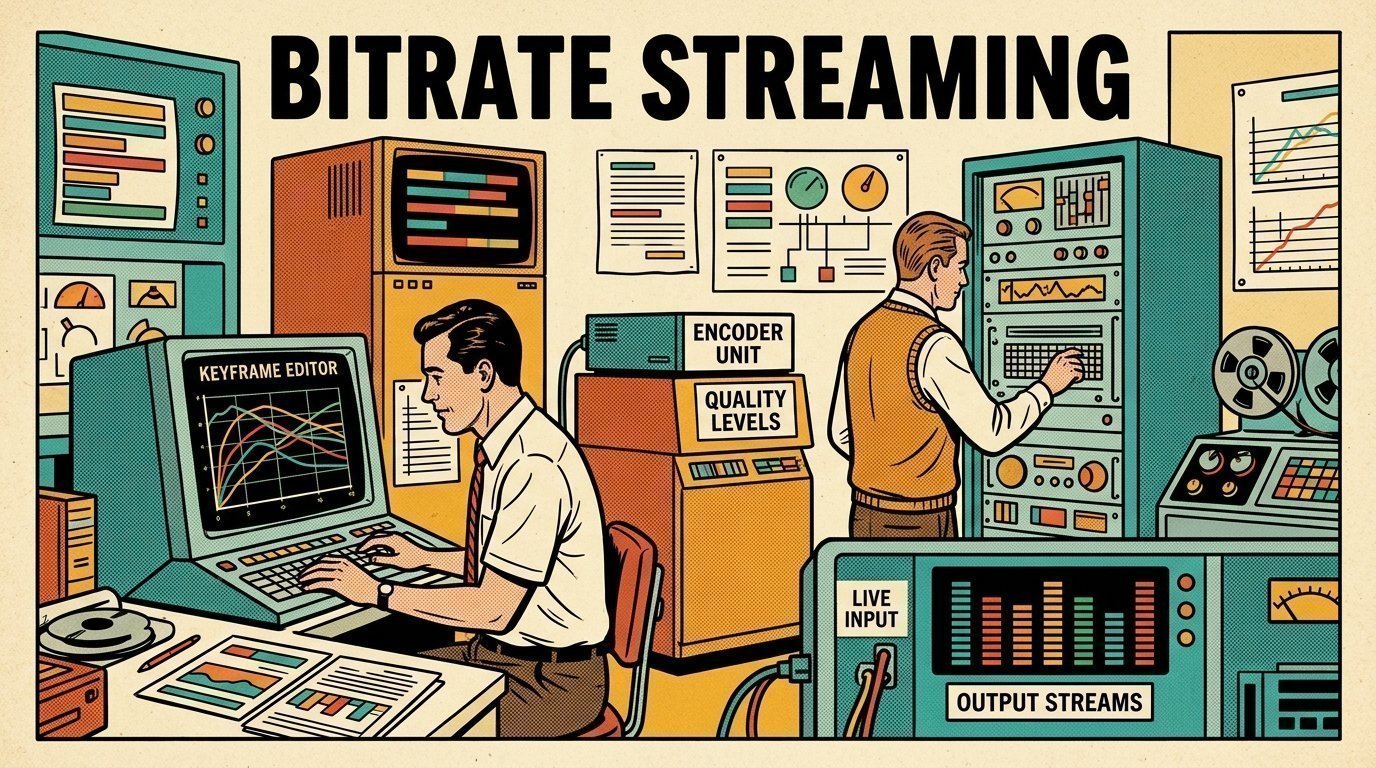 A 1960s mid-century comic book style editorial illustration showing two engineers at terminals in a machine room, with a keyframe graph editor visible in the frame.