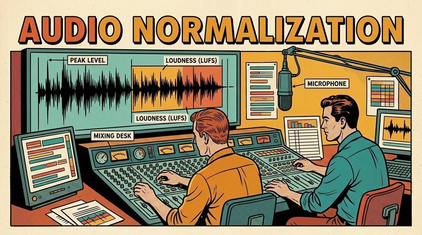 A 1960s mid-century comic book style editorial illustration showing two audio engineers at a mixing desk, with a mixing desk, a studio microphone on a boom arm, an audio waveform display visible in the frame.