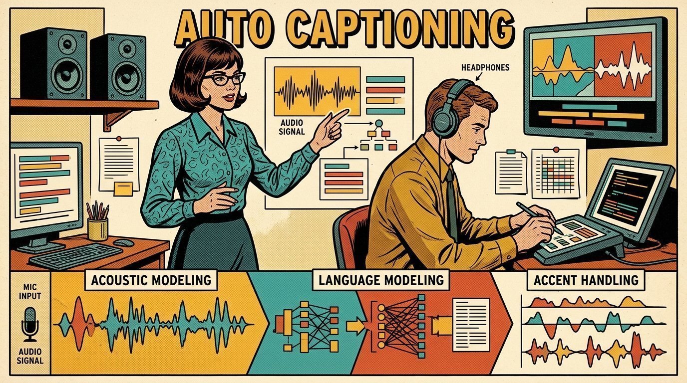 A 1960s mid-century comic book style editorial illustration showing an accessibility specialist and a colleague testing with a screen reader, with caption bars beneath a picture, a pair of studio monitors visible in the frame.