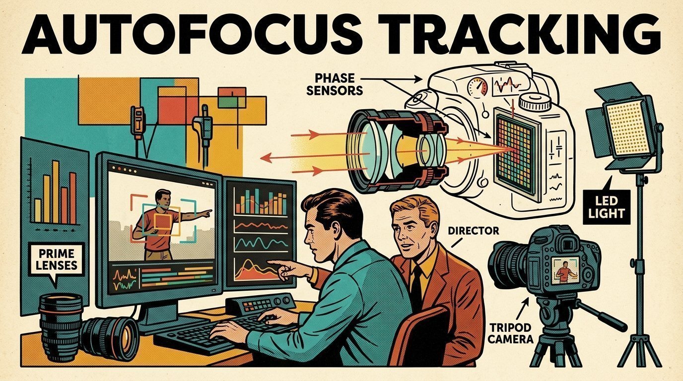 A 1960s mid-century comic book style editorial illustration showing a video editor and a director reviewing the cut together, with a set of prime lenses, a camera on a tripod, an LED panel light on a stand visible in the frame.