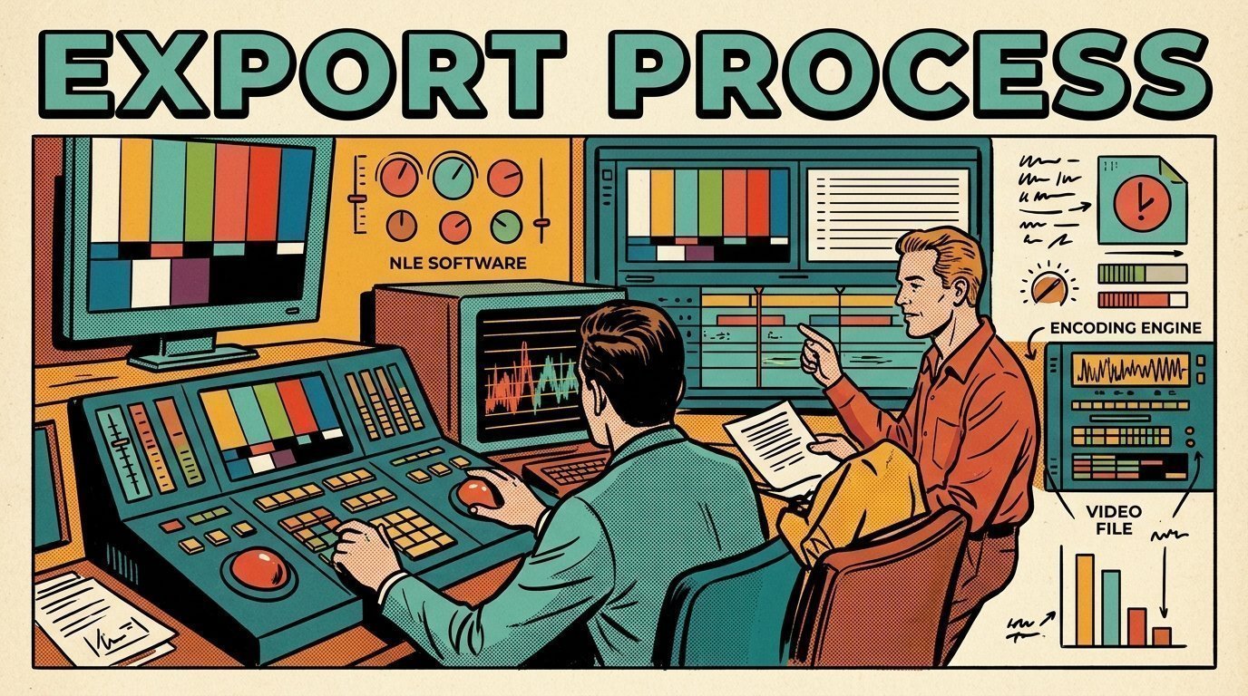 A 1960s mid-century comic book style editorial illustration showing a video editor and a director reviewing the cut together, with a colour grading panel with trackballs, an edit timeline on a large screen visible in the frame.