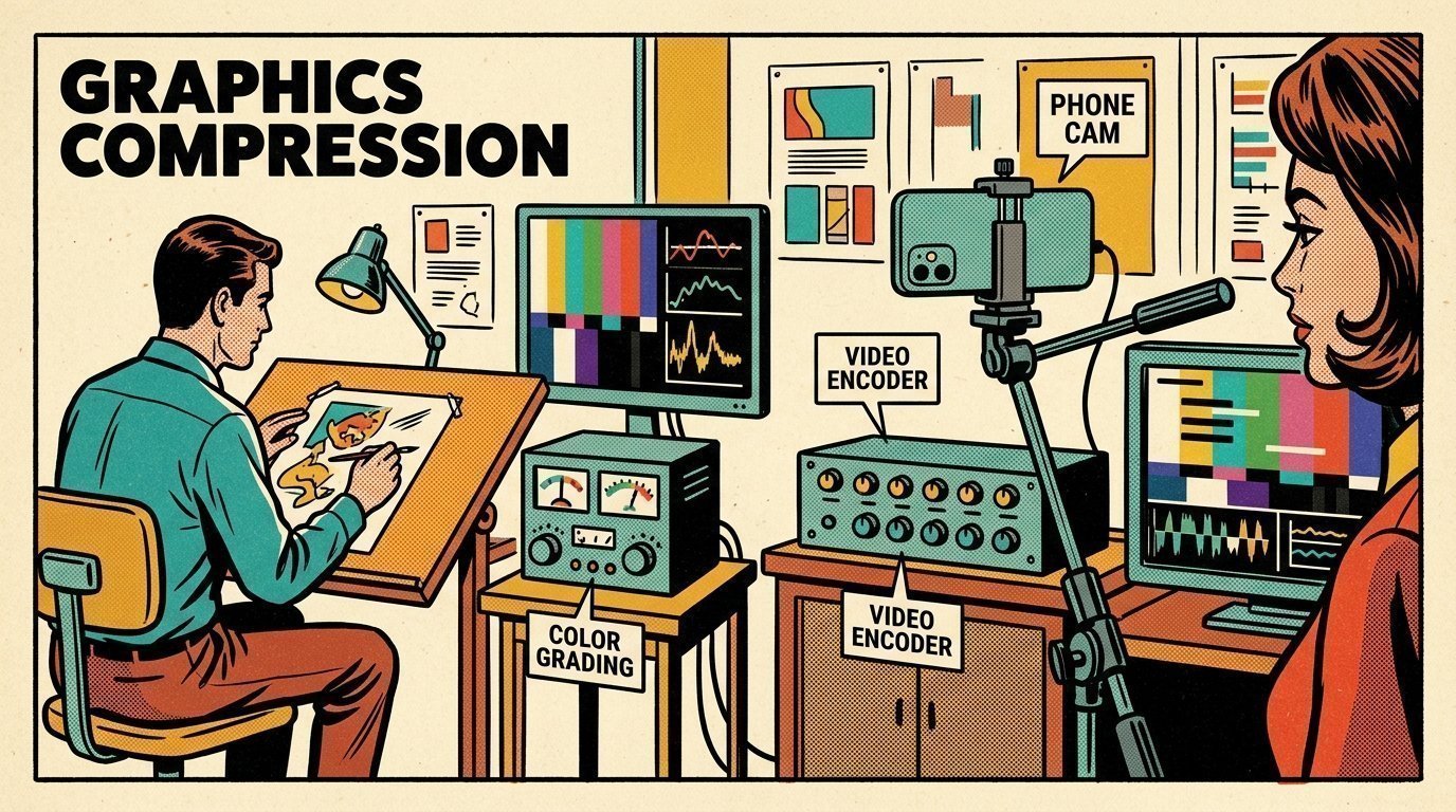 A 1960s mid-century comic book style editorial illustration showing a graphic designer at a drawing desk, with a colour grading panel with trackballs, a bank of encoders, a phone clamped to a rig visible in the frame.
