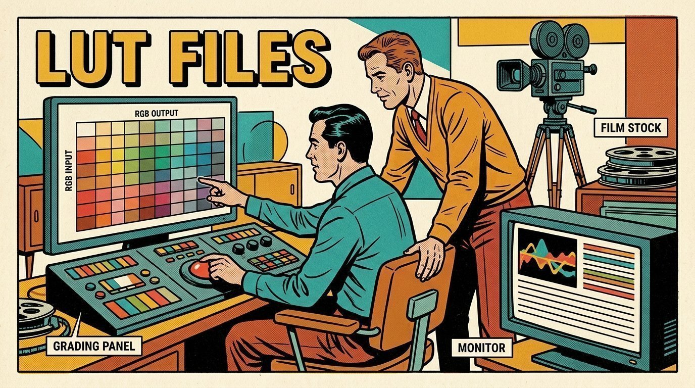 A 1960s mid-century comic book style editorial illustration showing a video editor and a director reviewing the cut together, with a colour grading panel with trackballs, a camera on a tripod visible in the frame.