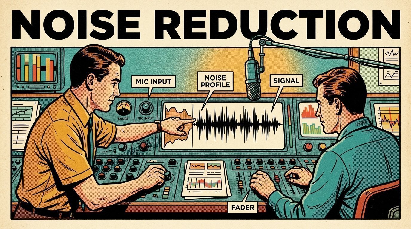 A 1960s mid-century comic book style editorial illustration showing two audio engineers at a mixing desk, with a mixing desk, a studio microphone on a boom arm, an audio waveform display visible in the frame.