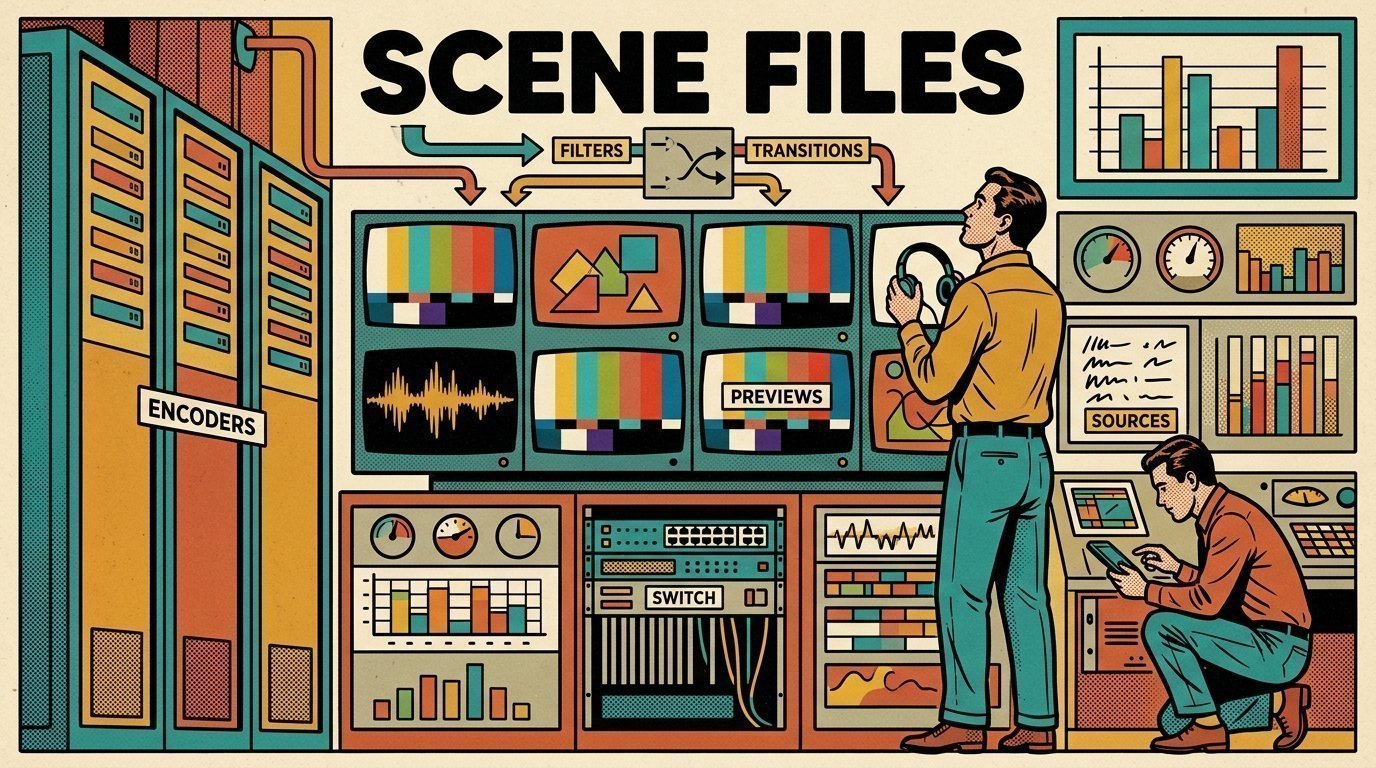 A 1960s mid-century comic book style editorial illustration showing a streaming operator watching a wall of encoders, with a bank of encoders, a wall of preview screens, a network switch visible in the frame.