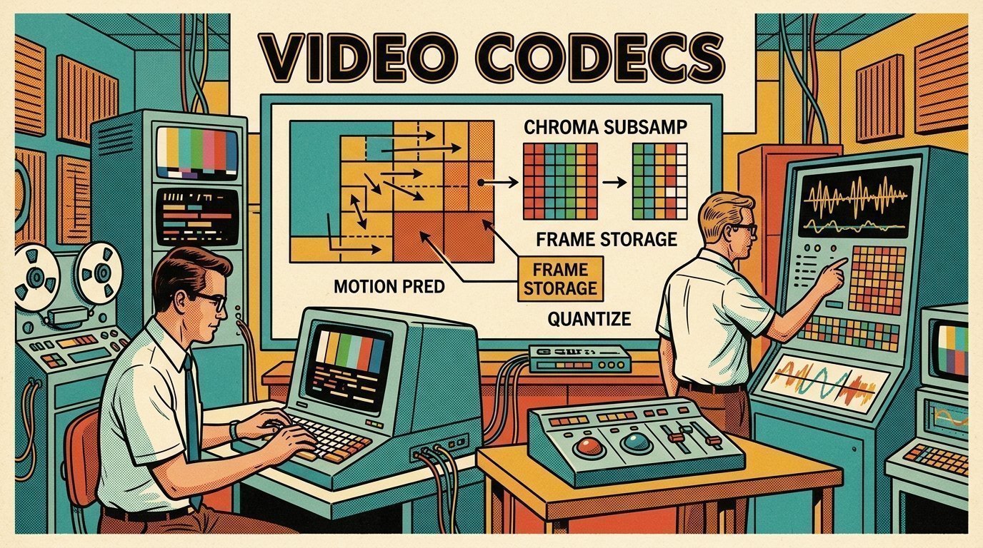 A 1960s mid-century comic book style editorial illustration showing two engineers at terminals in a machine room, with a colour grading panel with trackballs visible in the frame.