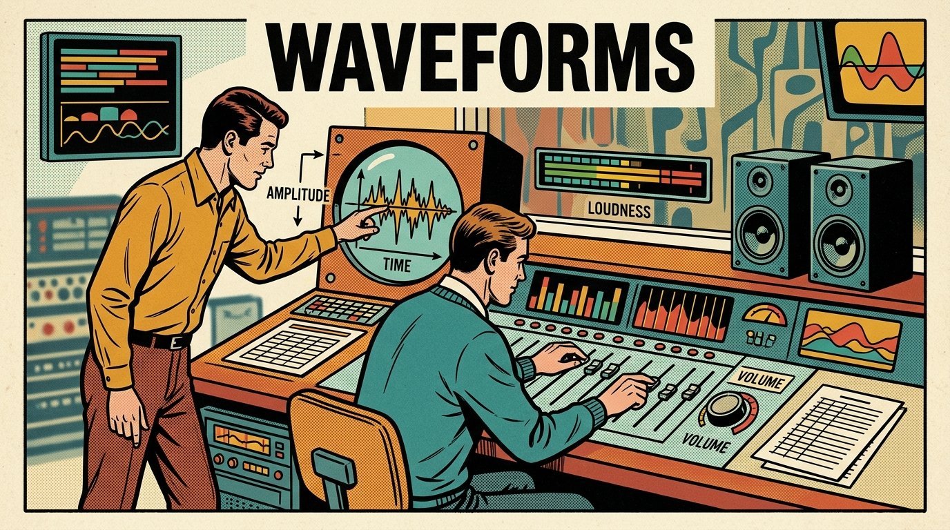 A 1960s mid-century comic book style editorial illustration showing two audio engineers at a mixing desk, with an audio waveform display, a loudness meter, a pair of studio monitors visible in the frame.