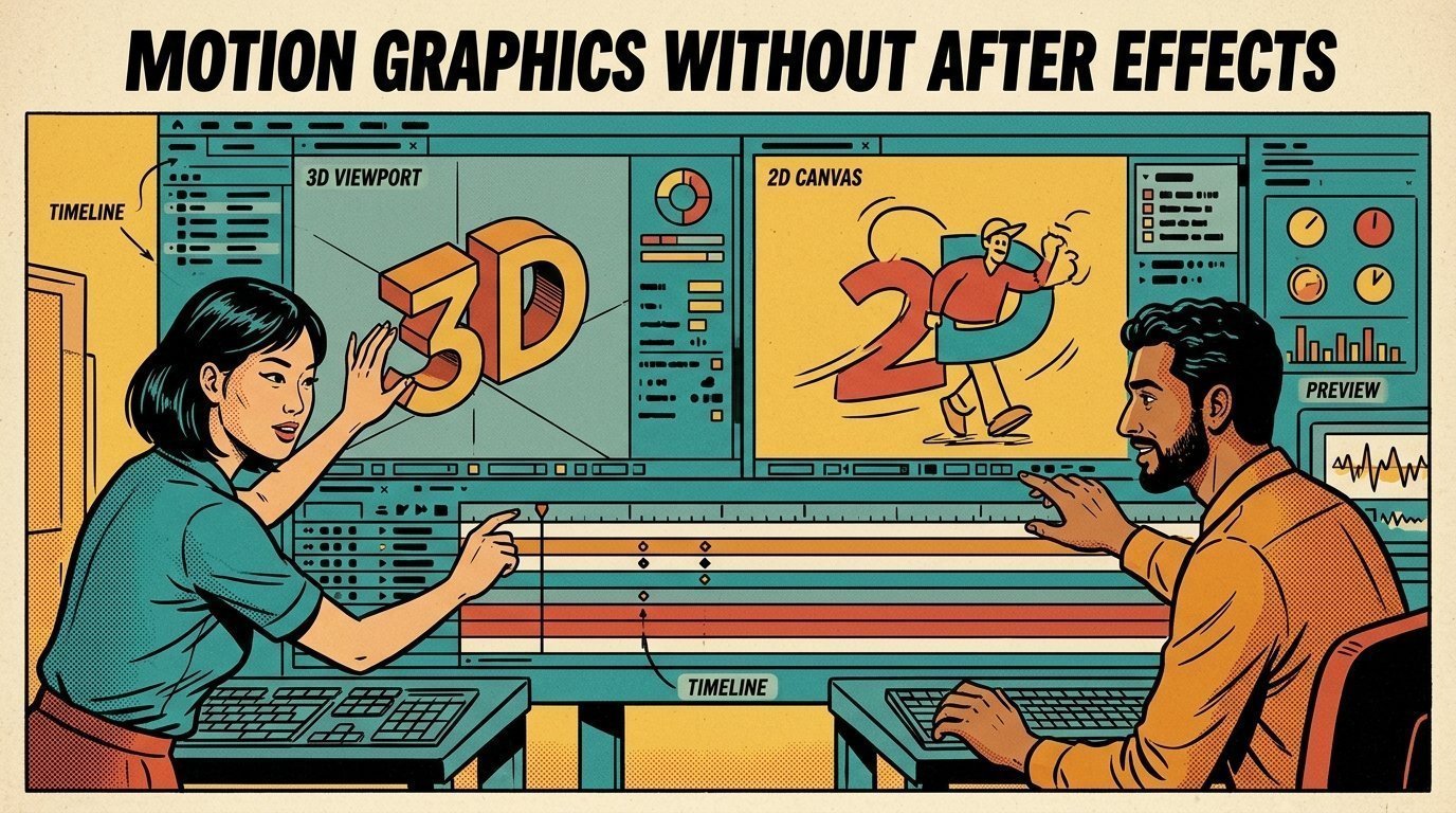 A 1960s mid-century comic book style editorial illustration of motion designers building an extruded 3D logo and a flat 2D animation across a keyframe timeline.