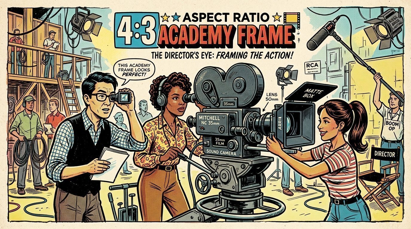 A 1960s mid-century comic book style editorial illustration depicting movie camera viewfinders, 4:3 boxy frames, and widescreen film composition.