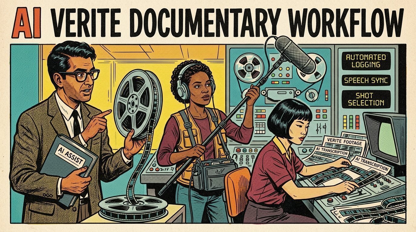 A 1960s mid-century comic book style editorial illustration depicting documentary film crews mixing unscripted camera footage with AI generative tools.