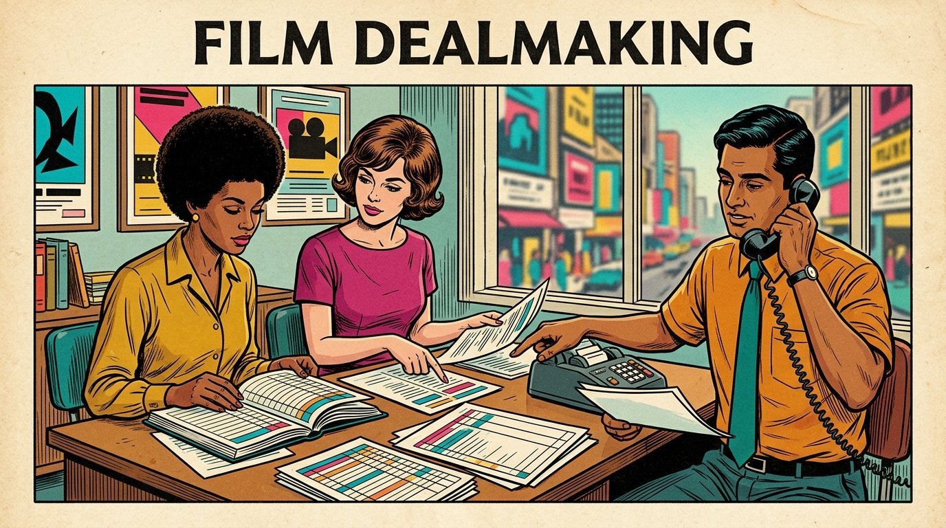 A 1960s mid-century comic book style editorial illustration showing three film executives around a desk in a distribution office, reading contracts and theatre ledgers beside a rotary telephone and an adding machine, with a city street through the window.