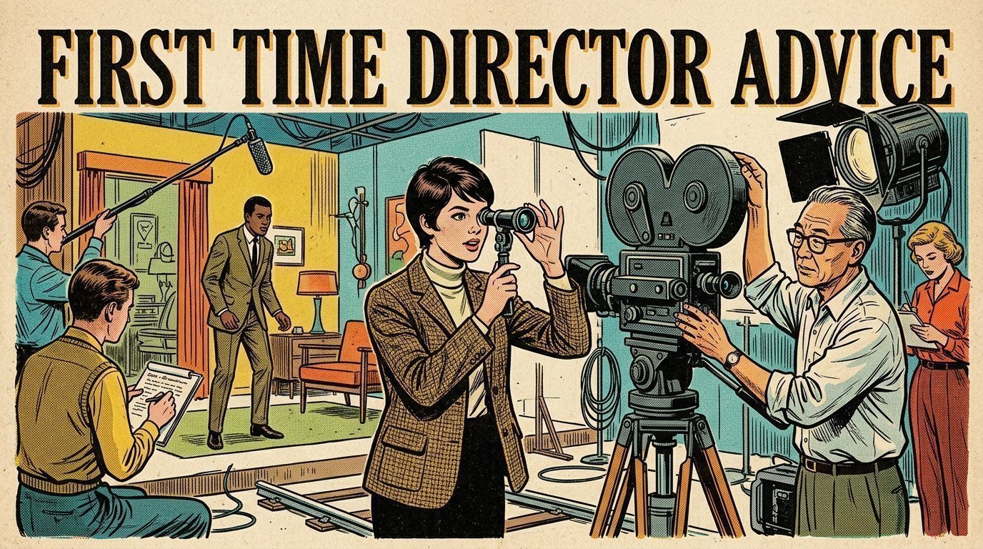 A 1960s mid-century comic book style editorial illustration depicting film directors on set guiding actors and camera crews.