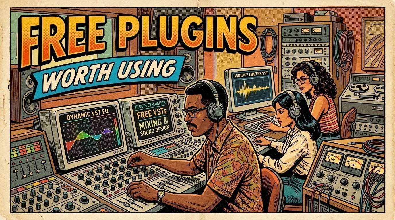A 1960s mid-century comic book style editorial illustration depicting audio software mixing plugins, stock equalizer knobs, and digital audio workstations.