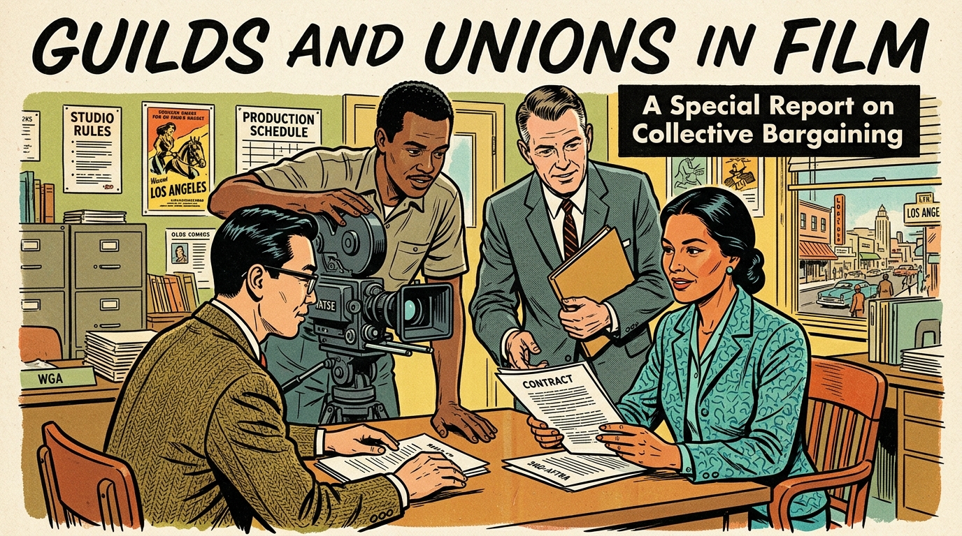 A 1960s mid-century comic book style editorial illustration depicting film industry union representatives reviewing labor contract agreements and pay scales.