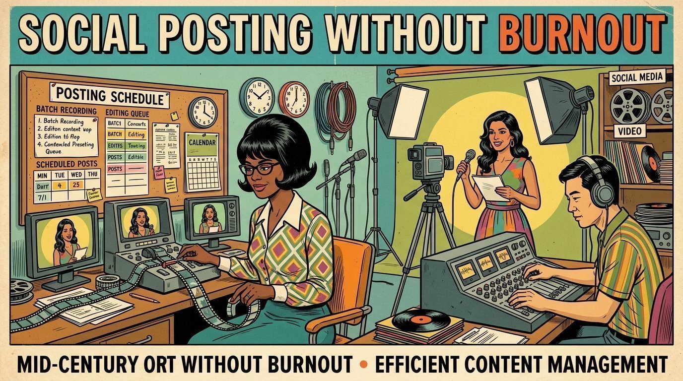 A 1960s mid-century comic book style editorial illustration depicting content creators managing video editing, scheduling boards, and batch production.