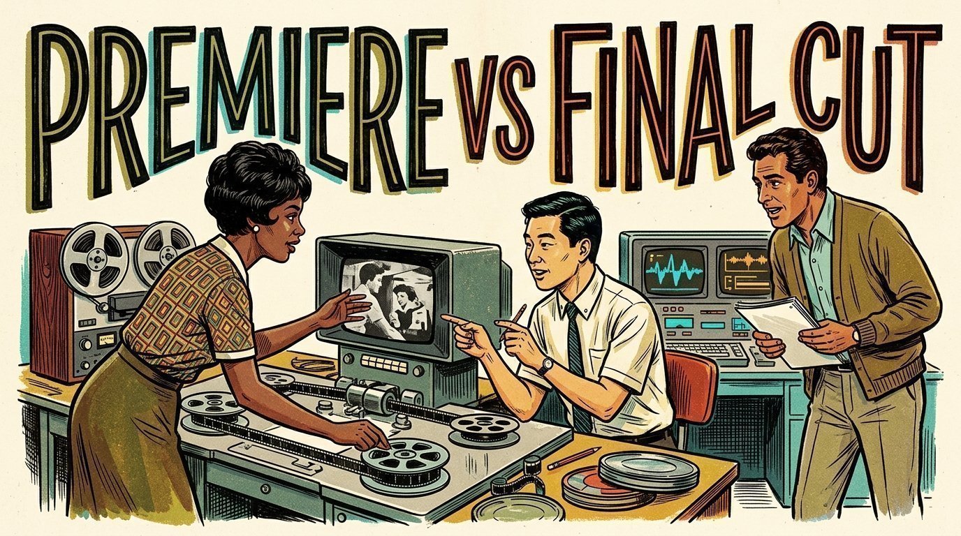 A 1960s mid-century comic book style editorial illustration depicting film editors comparing editing consoles and digital timelines.