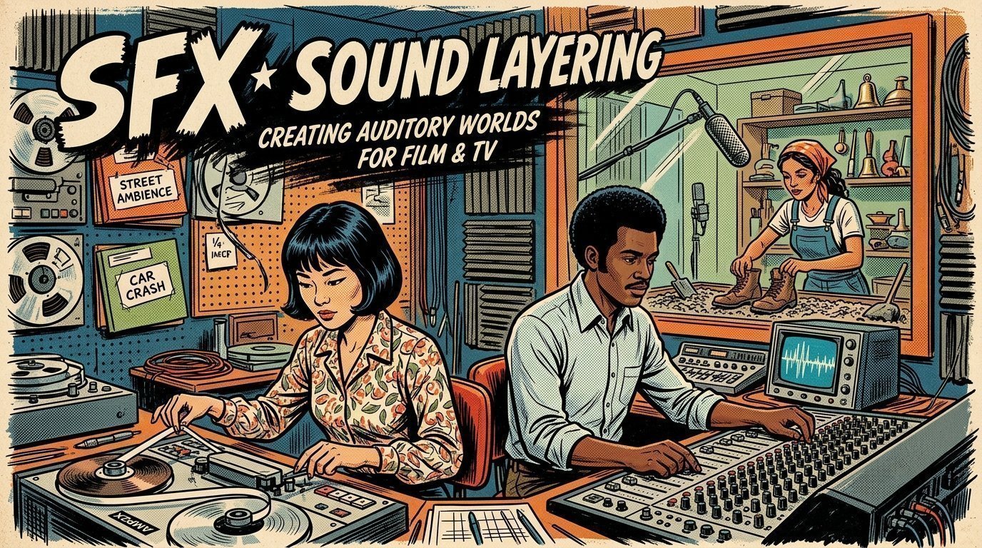 A 1960s mid-century comic book style editorial illustration depicting sound designers layering sound effect tape loops and audio tracks.