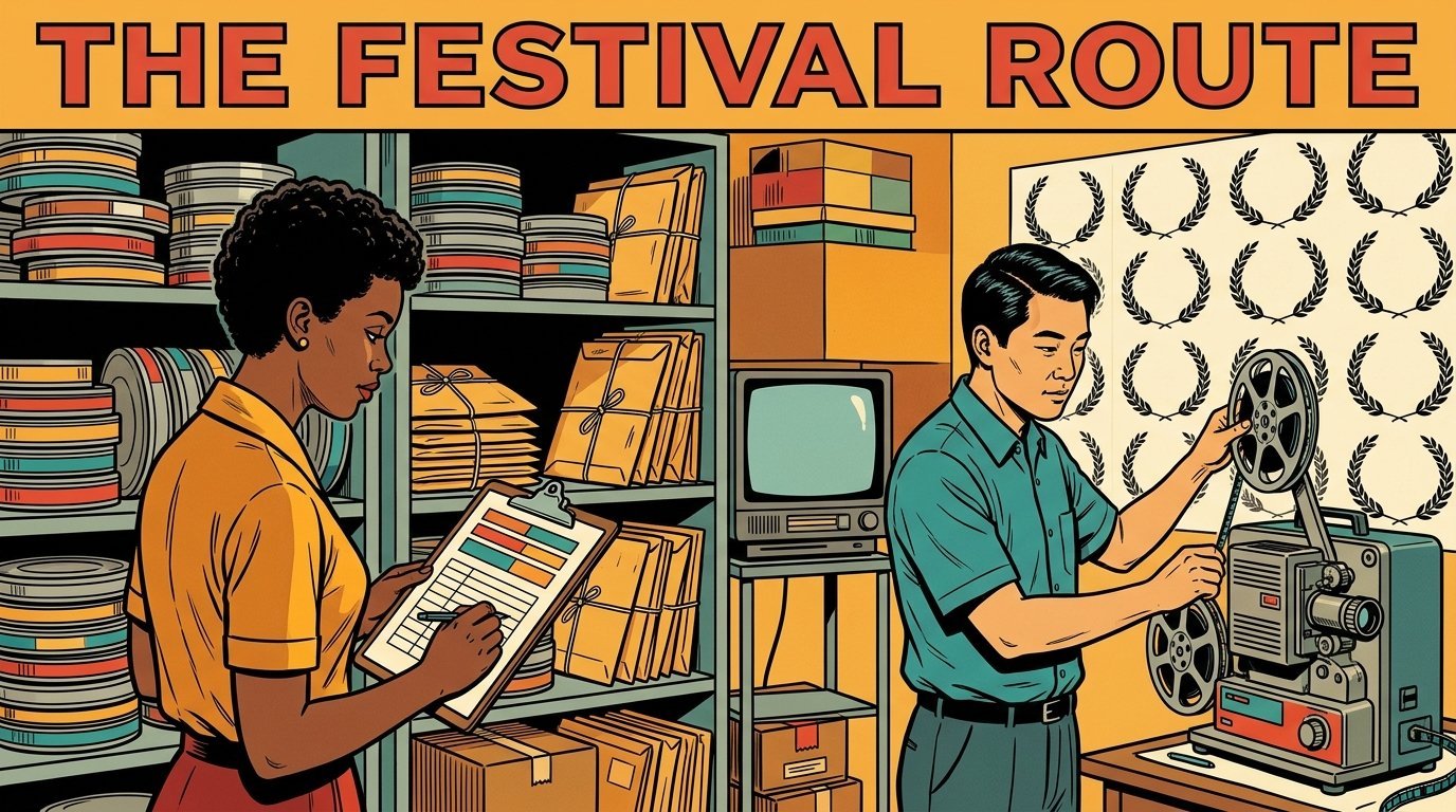 A 1960s mid-century comic book style editorial illustration depicting a film festival submissions office, with a programmer logging entries on a clipboard beside shelves of film cans and tied envelopes while a projectionist threads a reel onto a projector below a wall of laurel wreaths.