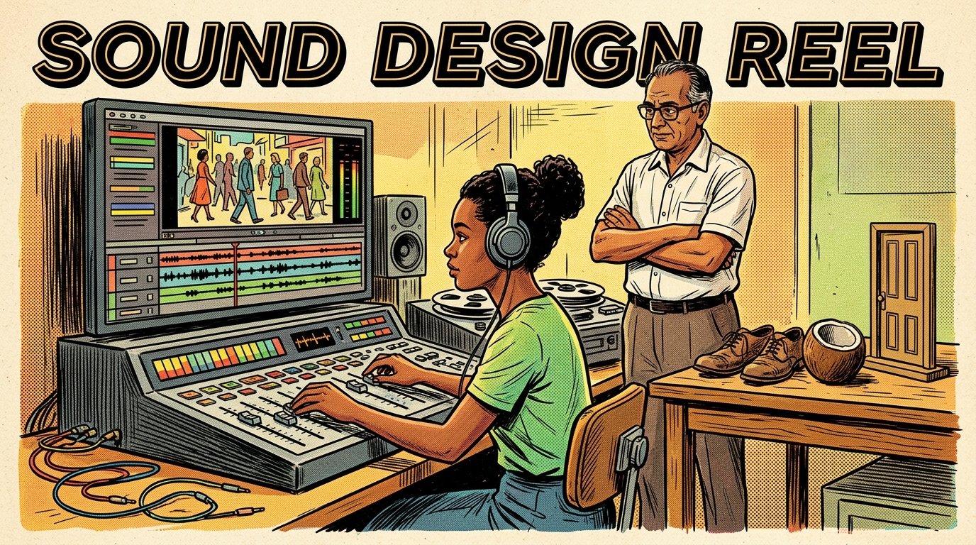 A 1960s mid-century comic book style editorial illustration of a sound designer in headphones working the faders of a mixing desk below a monitor of waveform tracks, while a supervising sound editor stands behind with arms folded, beside a foley table holding shoes, a coconut shell and a small door prop.