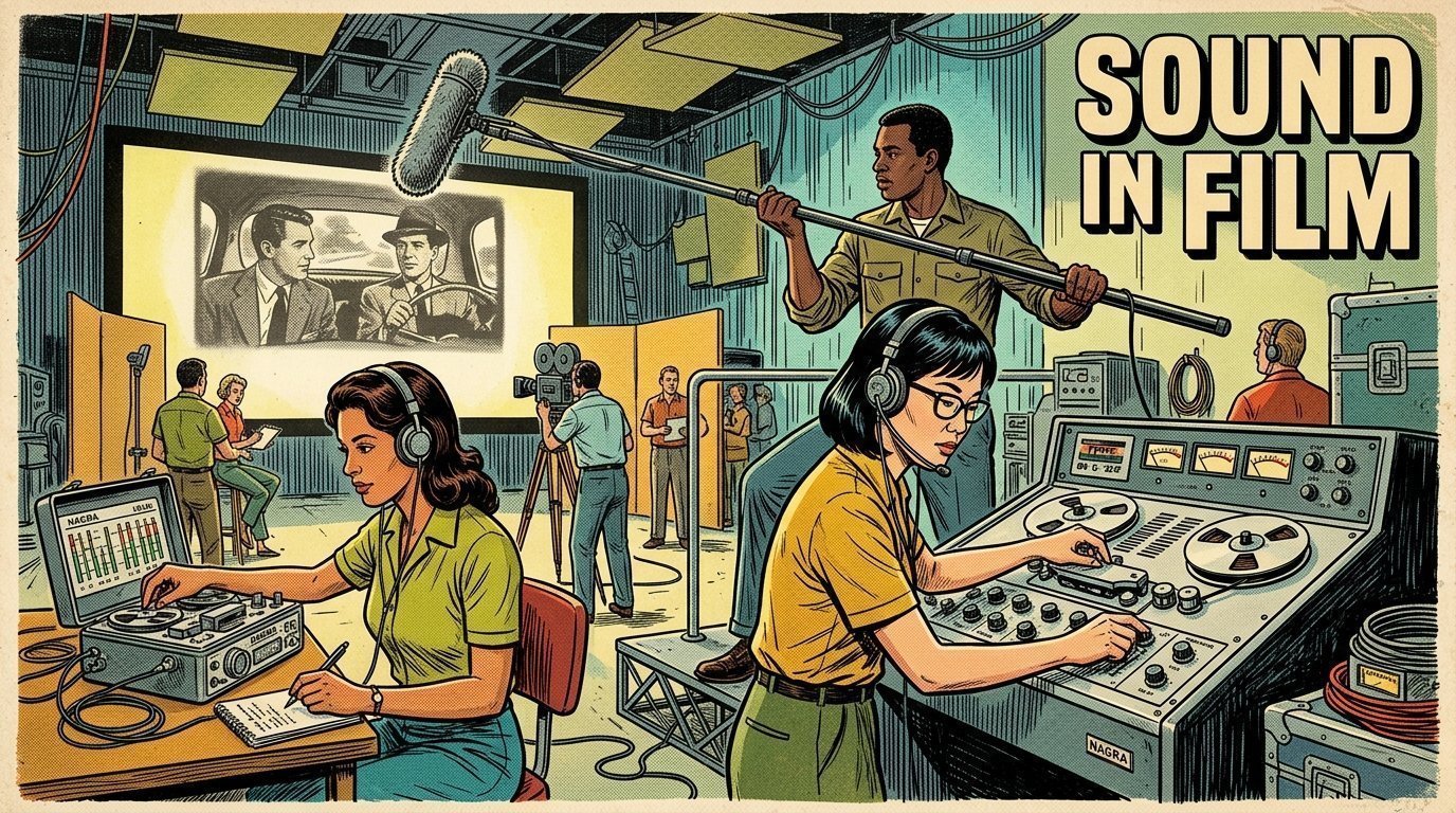 A 1960s mid-century comic book style editorial illustration depicting film sound recordists, boom operators, and multi-track audio tape machines.