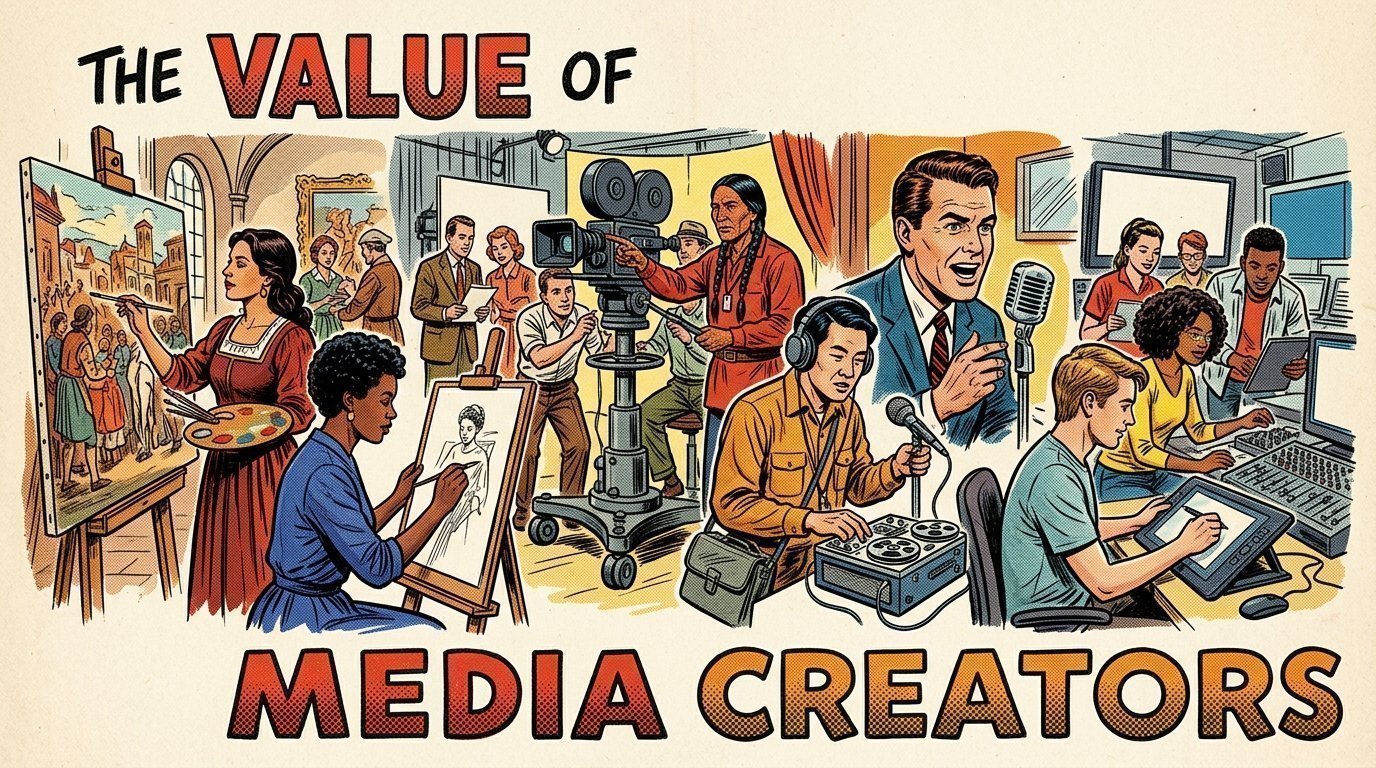 A 1960s mid-century comic book style editorial illustration depicting creators across history, from Renaissance painters and film camera operators to modern digital creators.