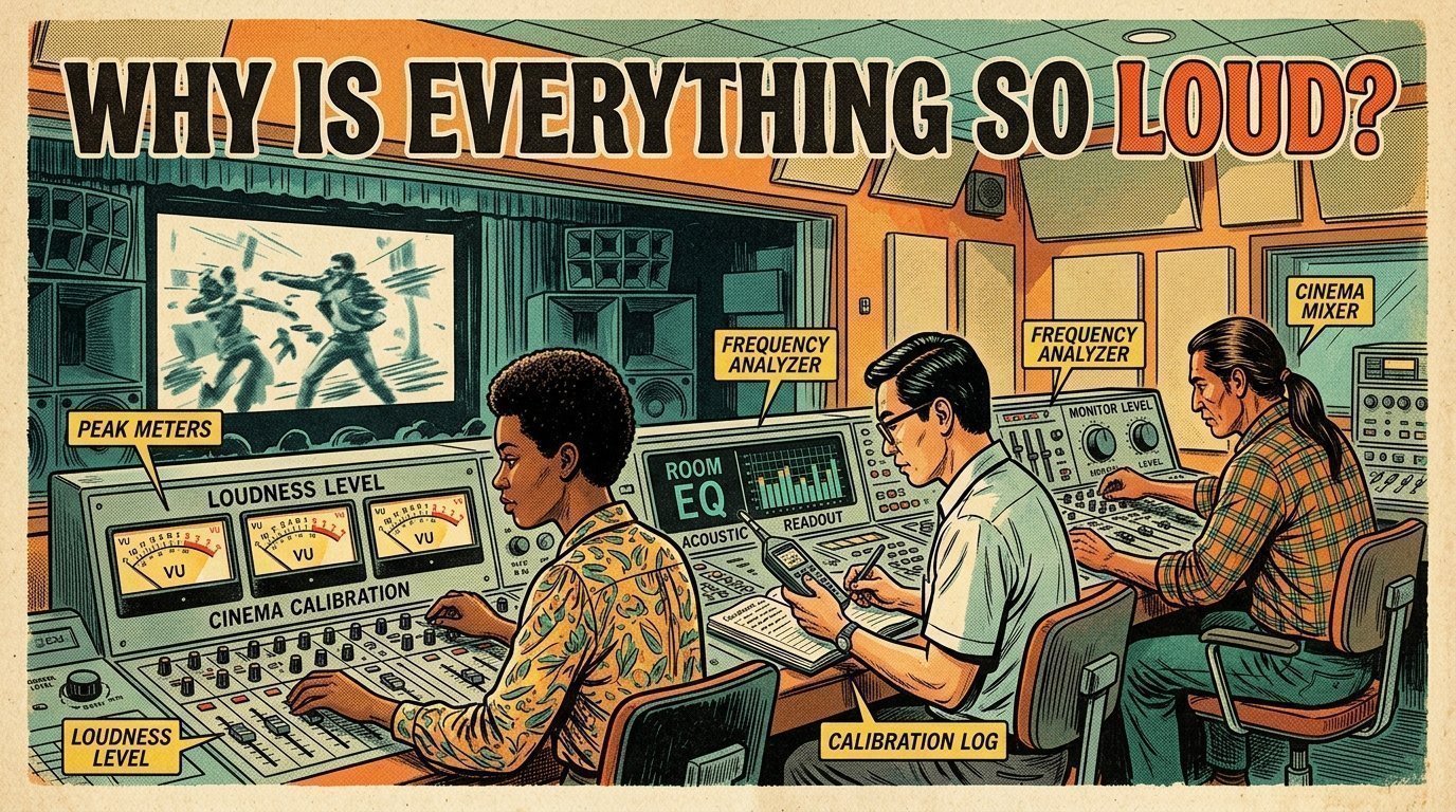 A 1960s mid-century comic book style editorial illustration depicting cinema re-recording mixers calibrating theater acoustics and loudness meters.