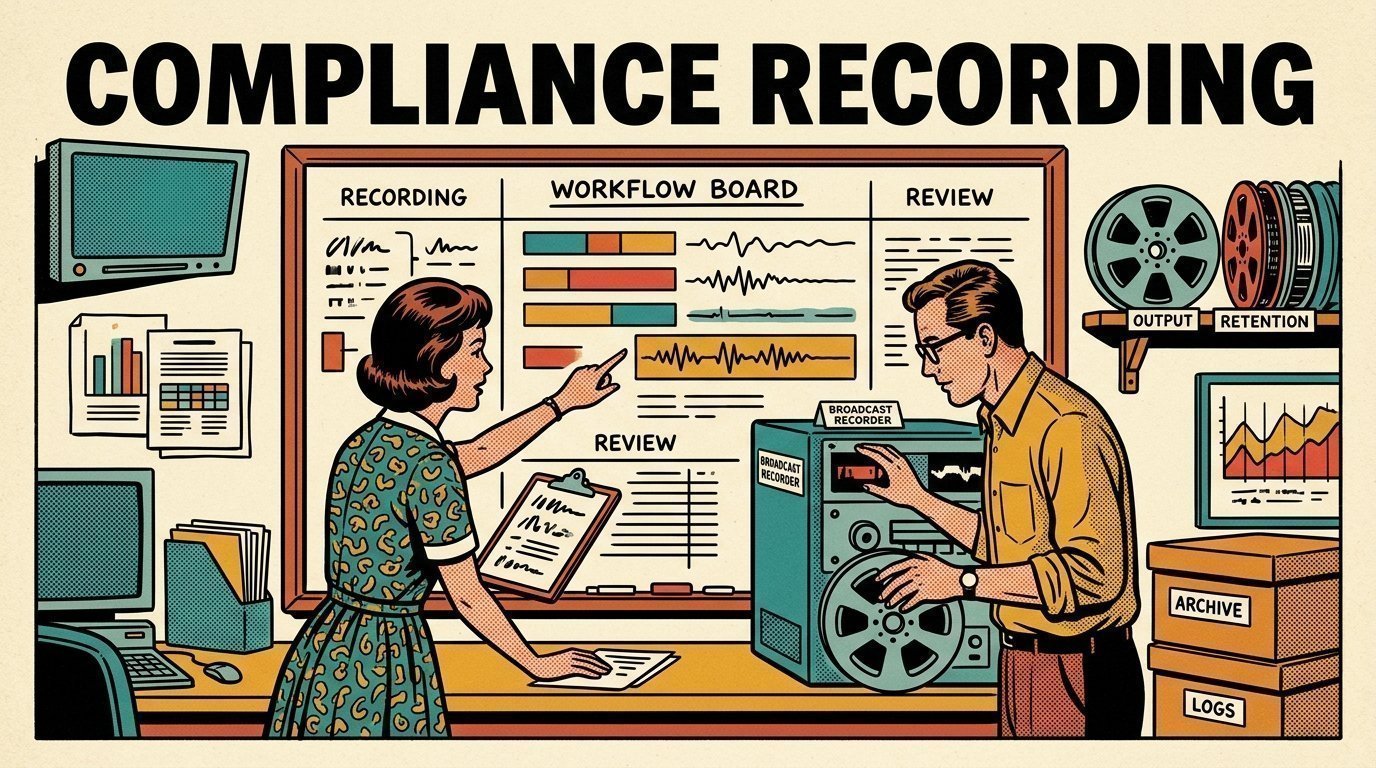A 1960s mid-century comic book style editorial illustration showing a media operations manager and an engineer reviewing a workflow board, with labelled archive boxes and reels visible in the frame.