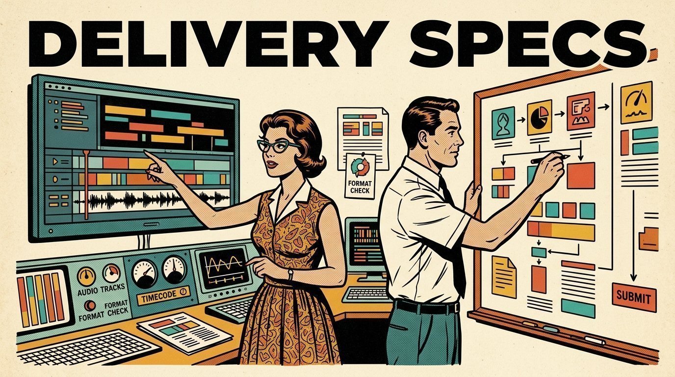 A 1960s mid-century comic book style editorial illustration showing a media operations manager and an engineer reviewing a workflow board, with an edit timeline on a large screen visible in the frame.