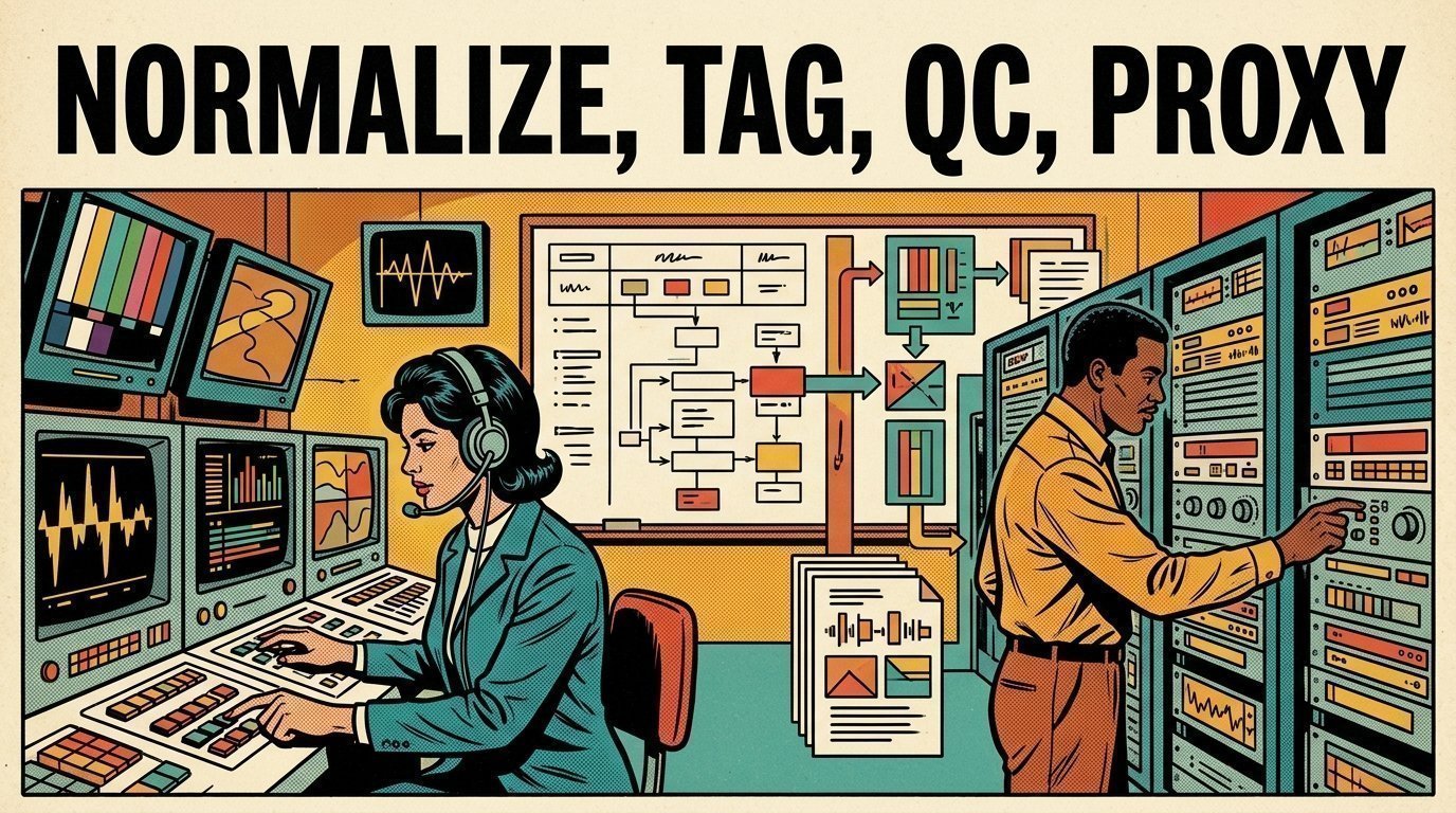 A 1960s mid-century comic book style editorial illustration of broadcast operators normalising incoming feeds, capturing metadata and running quality control gates in a machine room.