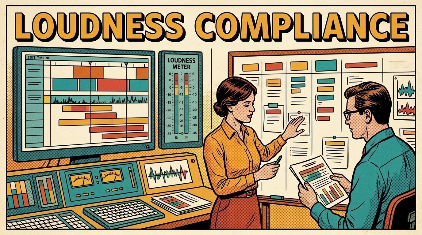 A 1960s mid-century comic book style editorial illustration showing a media operations manager and an engineer reviewing a workflow board, with an edit timeline on a large screen, a loudness meter visible in the frame.