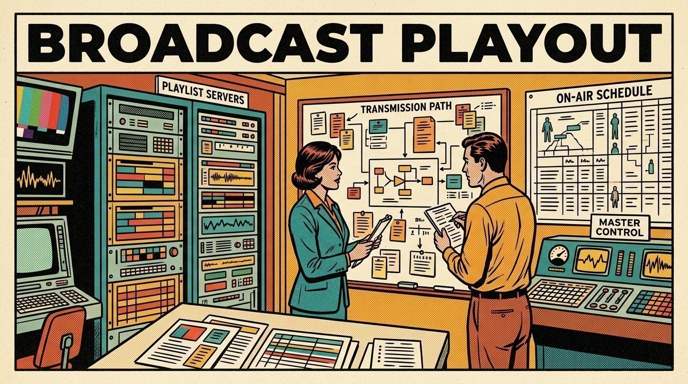 A 1960s mid-century comic book style editorial illustration showing a media operations manager and an engineer reviewing a workflow board, with a workflow board covered in cards, a rack of servers, a wall chart of figures visible in the frame.