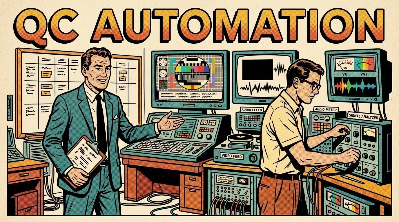 A 1960s mid-century comic book style editorial illustration showing a media operations manager and an engineer reviewing a workflow board, with caption bars beneath a picture visible in the frame.