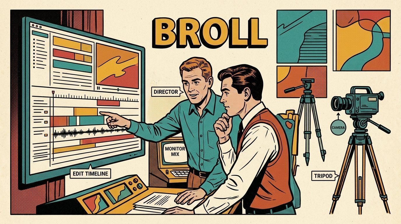 A 1960s mid-century comic book style editorial illustration showing a video editor and a director reviewing the cut together, with a camera on a tripod, a camera tripod, an edit timeline on a large screen visible in the frame.