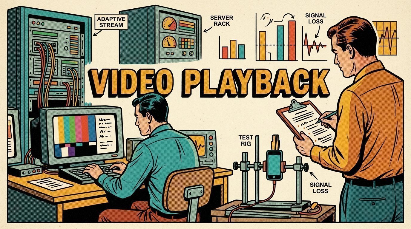 A 1960s mid-century comic book style editorial illustration showing two engineers at terminals in a machine room, with a rack of servers, a phone clamped to a rig visible in the frame.