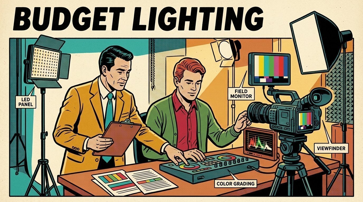 A 1960s mid-century comic book style editorial illustration showing a video editor and a director reviewing the cut together, with an LED panel light on a stand, a colour grading panel with trackballs, a camera on a tripod visible in the frame.