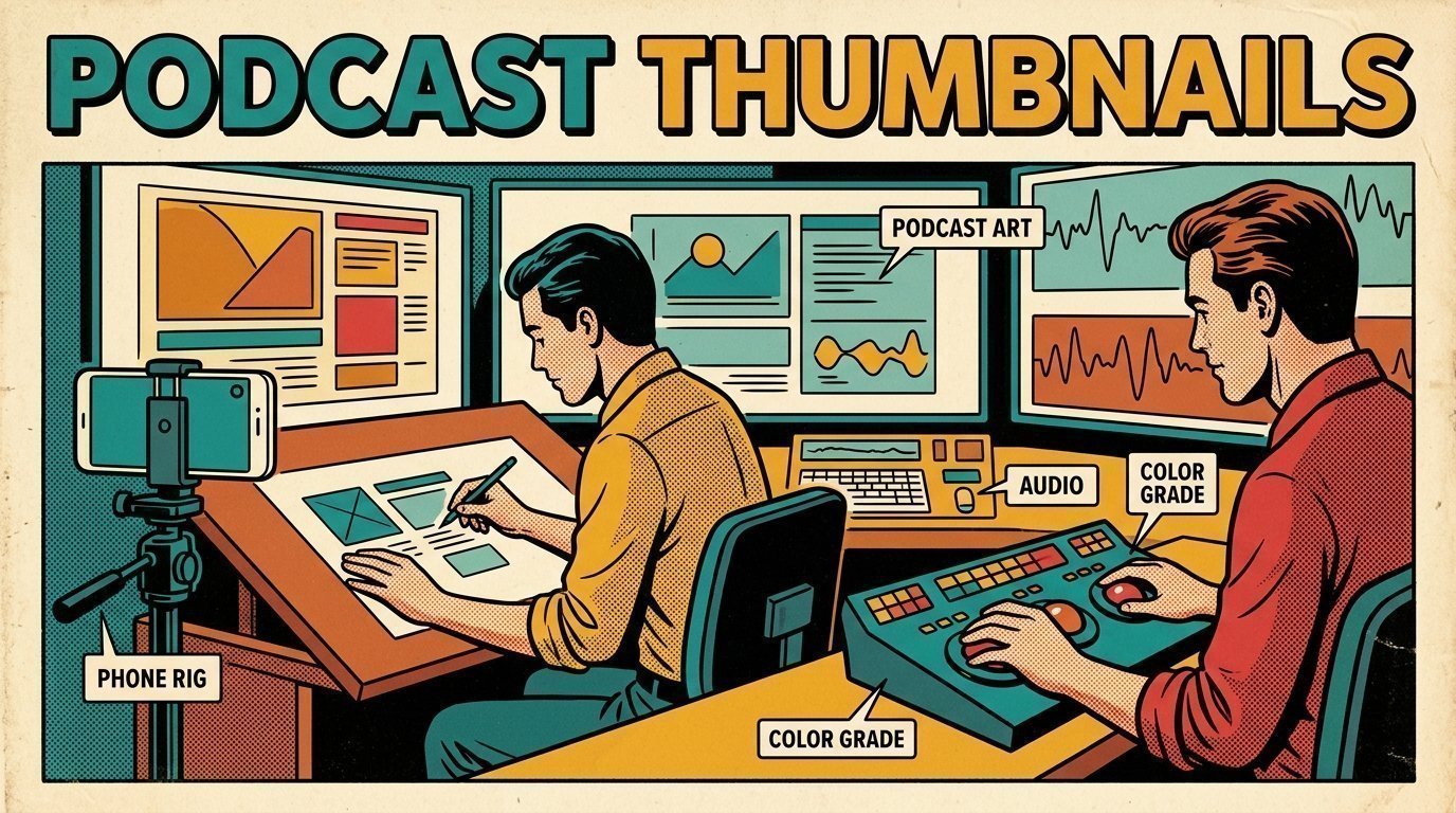 A 1960s mid-century comic book style editorial illustration showing a graphic designer at a drawing desk, with a colour grading panel with trackballs, a phone clamped to a rig visible in the frame.