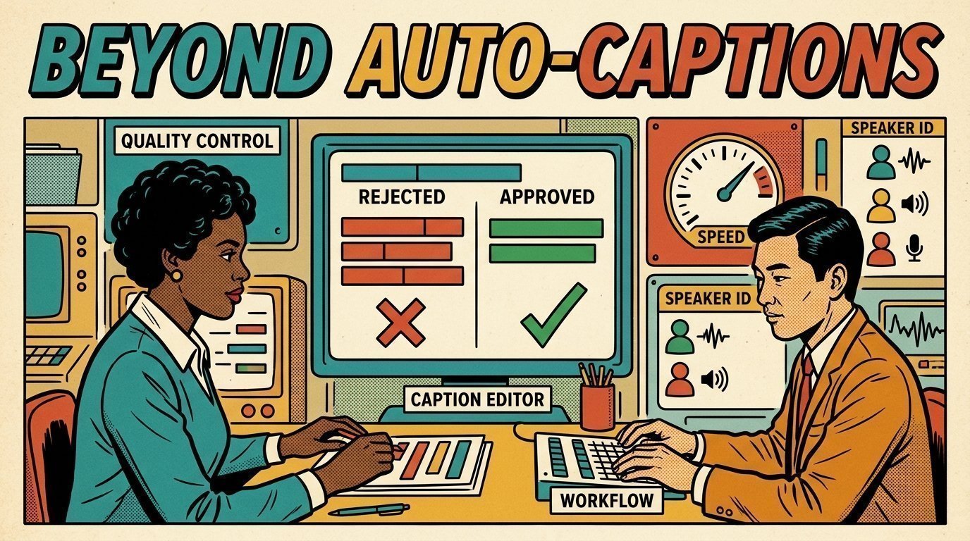 A 1960s mid-century comic book style editorial illustration of caption editors correcting auto-generated subtitles for line length, reading speed, speaker identification and sound cues.