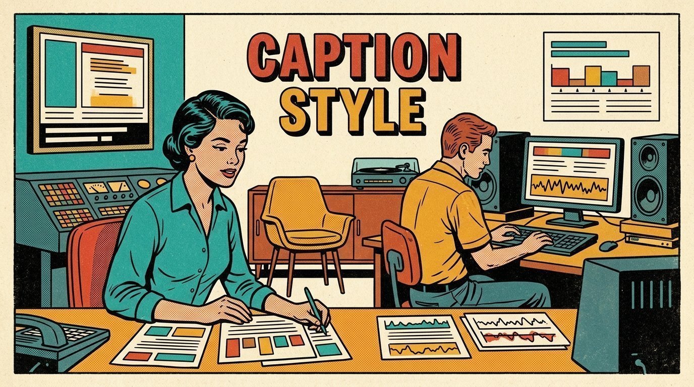 A 1960s mid-century comic book style editorial illustration showing an accessibility specialist and a colleague testing with a screen reader, with caption bars beneath a picture, a pair of studio monitors visible in the frame.