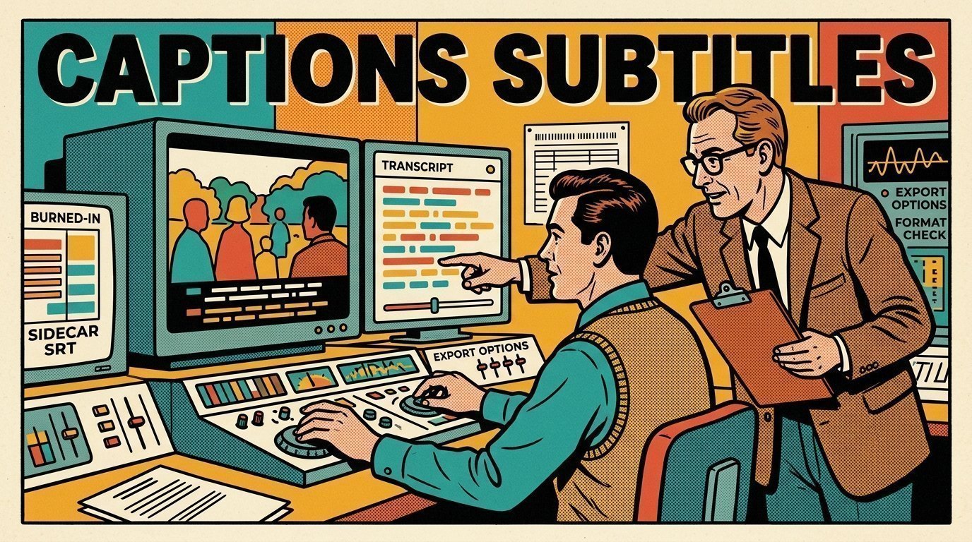A 1960s mid-century comic book style editorial illustration showing a video editor and a director reviewing the cut together, with caption bars beneath a picture, a transcript panel visible in the frame.