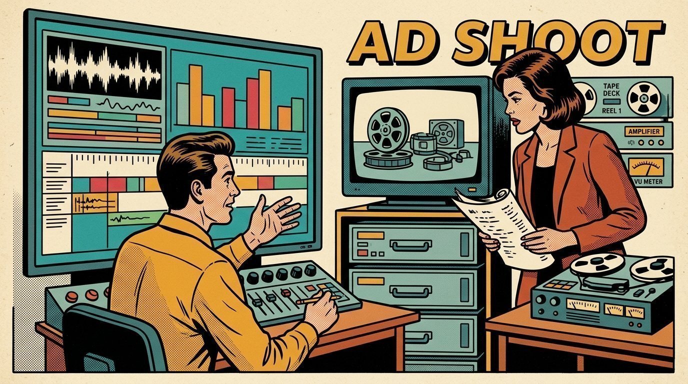 A 1960s mid-century comic book style editorial illustration showing a video editor and a director reviewing the cut together, with an edit timeline on a large screen, a calibrated monitor, stacked storage drives visible in the frame.