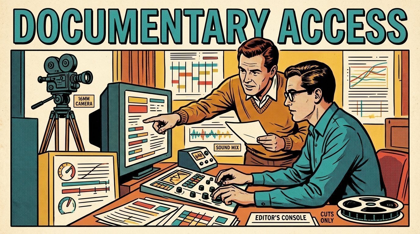 A 1960s mid-century comic book style editorial illustration showing a video editor and a director reviewing the cut together, with a camera on a tripod visible in the frame.