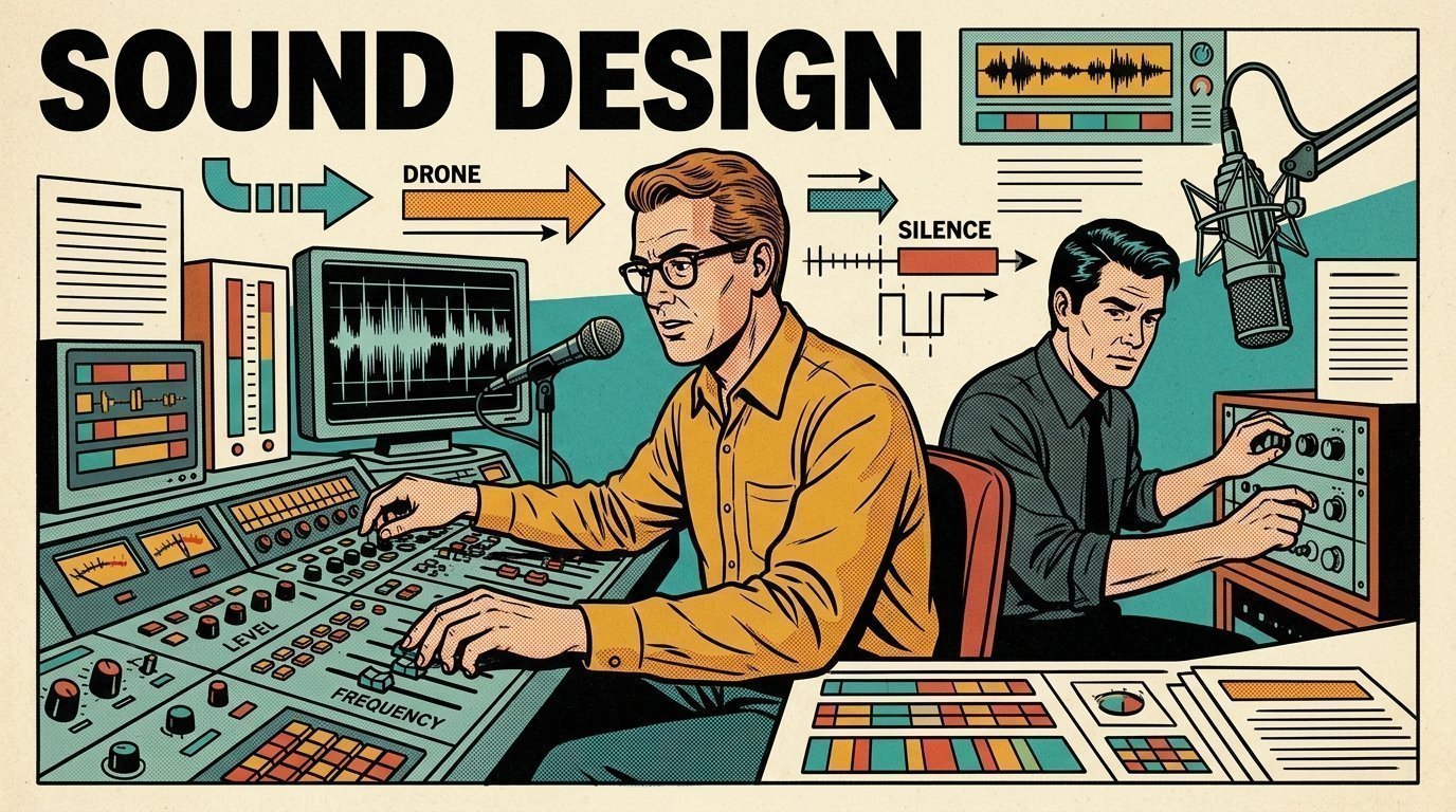 A 1960s mid-century comic book style editorial illustration showing two audio engineers at a mixing desk, with a mixing desk, a studio microphone on a boom arm, an audio waveform display visible in the frame.