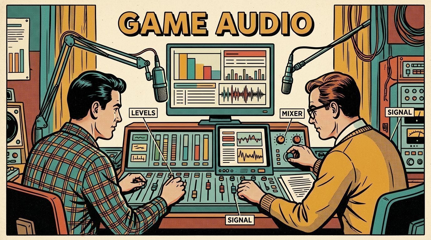 A 1960s mid-century comic book style editorial illustration showing two audio engineers at a mixing desk, with a mixing desk, a studio microphone on a boom arm, an audio waveform display visible in the frame.