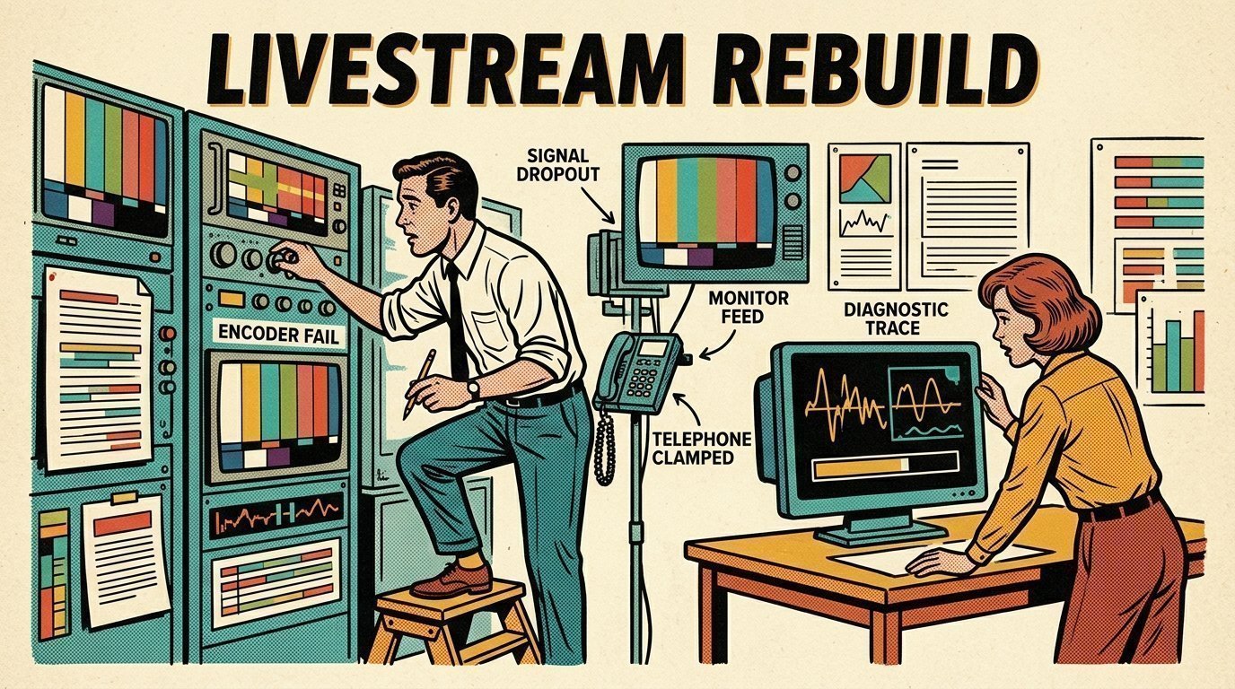 A 1960s mid-century comic book style editorial illustration showing a streaming operator watching a wall of encoders, with a phone clamped to a rig visible in the frame.