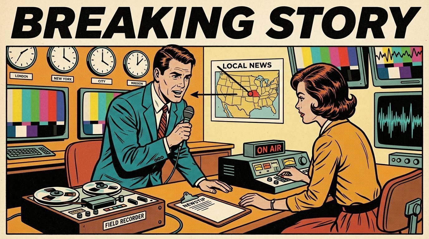 A 1960s mid-century comic book style editorial illustration showing a broadcast journalist and a producer in a newsroom, with a newsroom desk, a field recorder, a wall of clocks visible in the frame.