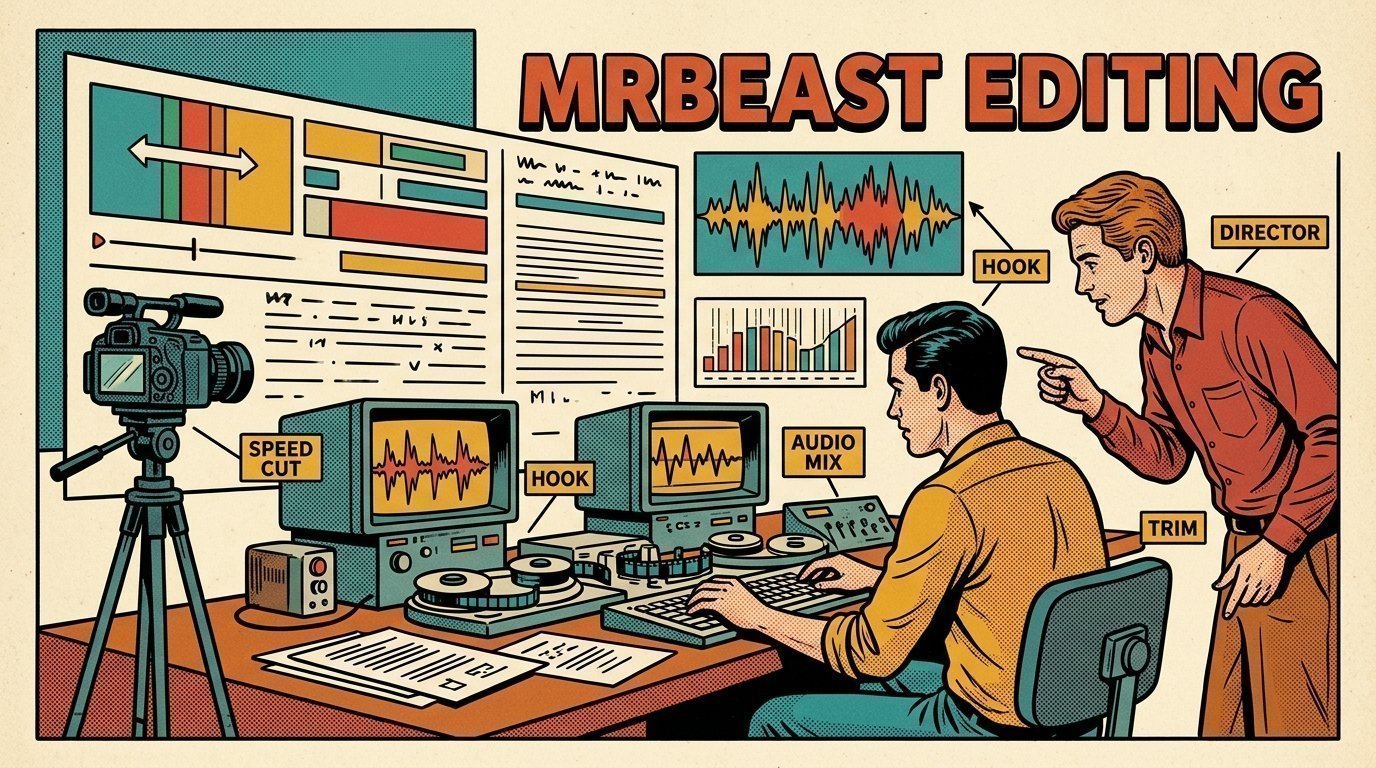 A 1960s mid-century comic book style editorial illustration showing a video editor and a director reviewing the cut together, with a camera on a tripod visible in the frame.