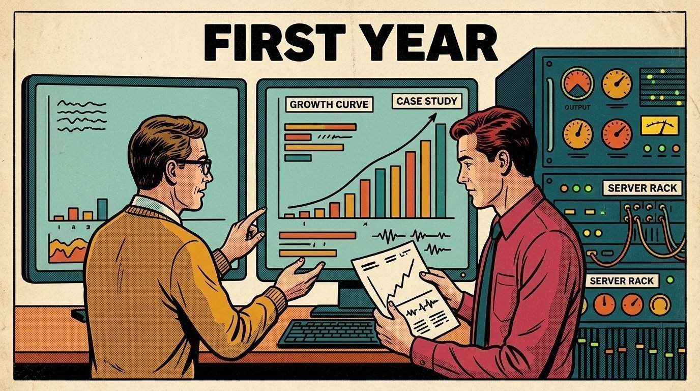 A 1960s mid-century comic book style editorial illustration showing a researcher and an editor comparing machine output against a reference, with two monitors showing a before and after comparison, a rack of servers visible in the frame.