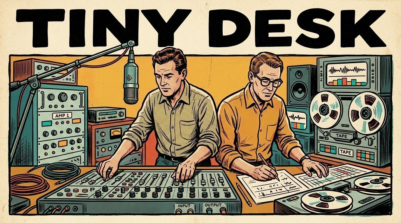 A 1960s mid-century comic book style editorial illustration showing two audio engineers at a mixing desk, with a studio microphone on a boom arm visible in the frame.