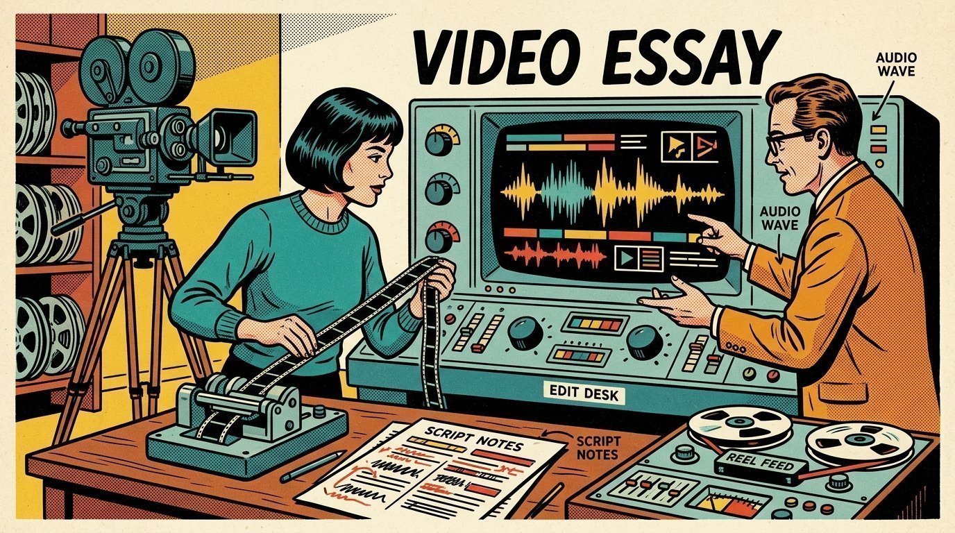A 1960s mid-century comic book style editorial illustration showing a video editor and a director reviewing the cut together, with a camera on a tripod, a marked-up script on the desk visible in the frame.